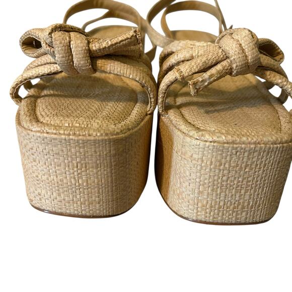 Raffia Platform Sandals SZ 10 Women Bow Ankle Strappy Espadrille Wedges Open Toe - Picture 2 of 9